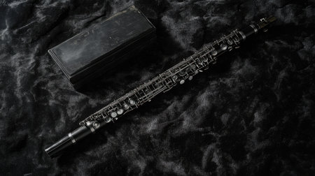 This stunning image showcases an elegant wooden oboe resting on soft black velvet, accompanied by its protective case, ideal for music enthusiasts and professionals.の素材
