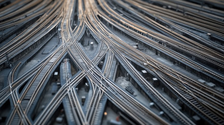 A captivating aerial view of a vast railroad track network, showcasing the intricate patterns and connections of steel pathways in an industrial setting.の素材