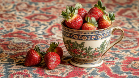 A charming arrangement featuring vibrant strawberries nestled in a beautifully decorated cup, resting on an elegant patterned tablecloth. Perfect for culinary inspiration or summer decor themes.の素材