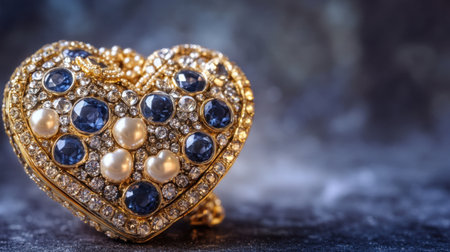 This stunning heart-shaped jewelry box features an exquisite arrangement of blue stones and pearls, showcasing intricate craftsmanship and luxury.の素材
