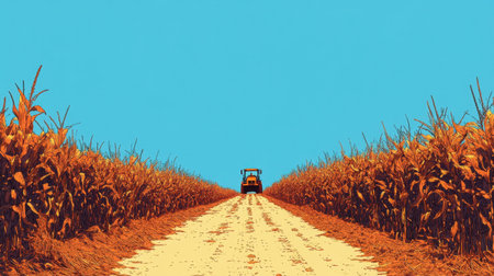 A vibrant farm scene showcases a tractor driving down a dusty road flanked by lush golden cornfields under a clear blue sky. The image captures the essence of rural agriculture and summertime beauty.の素材