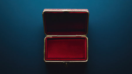 This elegant red velvet jewelry box features a gold trim and an open design that showcases its plush interior against a rich blue background.の素材