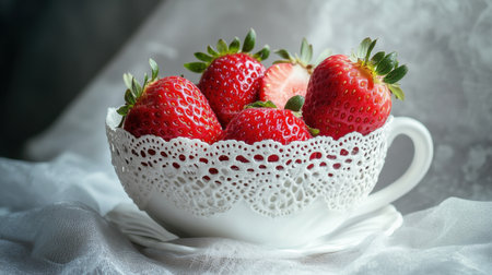 This image showcases fresh vibrant strawberries artfully arranged in an elegant white cup with lace detailing against a soft fabric backdrop, evoking freshness and beauty.の素材