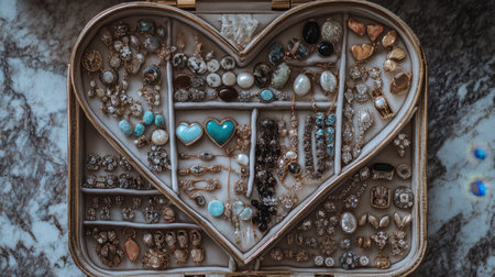 This image showcases a heart-shaped jewelry box filled with an exquisite array of earrings, rings, and necklaces. The arrangement highlights various gemstones and delicate designs on a marble background, presenting an elegant and organized display of accessories.の素材