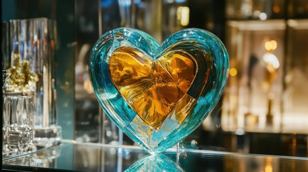 A stunning glass heart sculpture featuring a blend of transparent and amber hues, creating an enchanting focal point for any elegant display.の素材