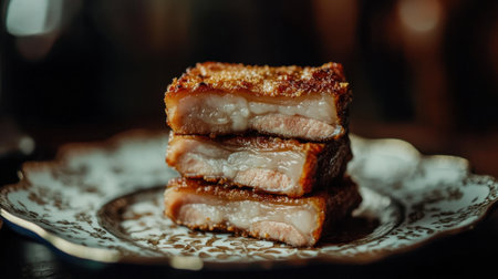 A visually appealing stack of crispy pork belly served on a decorative plate highlights the textures and delicious layers of this gourmet dish.の素材