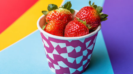 A delightful arrangement of fresh red strawberries nestled in a colorful paper cup, set against a vibrant background of bright colors. Ideal for health and food concepts.の素材