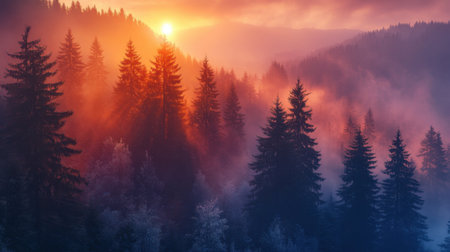 A breathtaking sunrise illuminates a misty forest filled with towering pine trees. The warm glow of the sun casts vibrant colors and creates a tranquil atmosphere.の素材