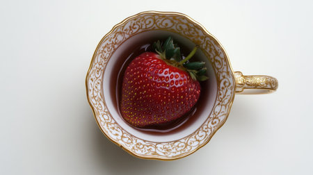 A stunning arrangement of a fresh strawberry nestled in an ornate tea cup, showcasing the perfect blend of elegance and simplicity against a pristine white backdrop.の素材