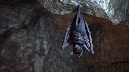 This striking image captures a bat hanging upside down in a dark cave setting, showcasing its unique anatomy and the natural beauty of cave ecosystems.の素材