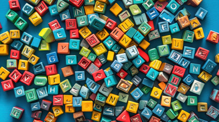 A vibrant collection of colorful plastic alphabet blocks scattered on a bright blue surface, ideal for engaging children in playful learning activities.の素材
