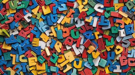 A vibrant collection of colorful alphabet letters scattered on a surface, ideal for educational activities, creative arts, and playful learning environments.の素材