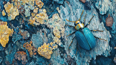 A vibrant insect sits on textured tree bark, surrounded by colorful lichens, showcasing the beauty of nature's intricate details and diverse life forms.の素材