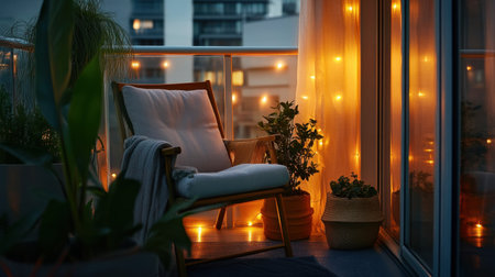A serene balcony nook featuring a comfortable chair adorned with soft cushions, surrounded by plants and enchanting string lights, perfect for relaxation.の素材