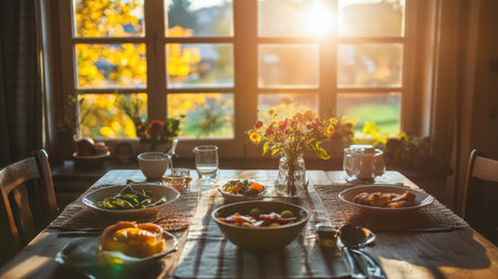 A warm and inviting breakfast table is beautifully set with fresh food and vibrant flowers, illuminated by natural sunlight, creating a cozy atmosphere.の素材
