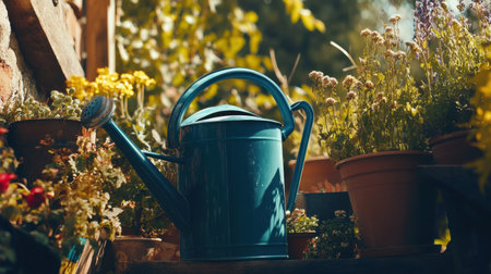 A stunning blue watering can rests elegantly in a sunny garden filled with vibrant flowers and greenery. This image captures the essence of nurturing nature, perfect for garden lovers and eco-enthusiasts.の素材