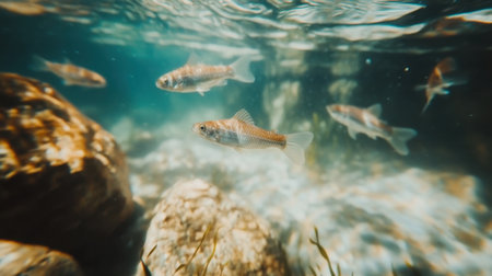 This captivating underwater scene showcases vibrant fish swimming gracefully amidst rocks and aquatic plants, illuminated by natural light in clear blue water.の素材