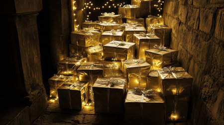 A captivating arrangement of golden wrapped gifts illuminated by fairy lights, creating a warm and festive atmosphere perfect for the holiday season.の素材