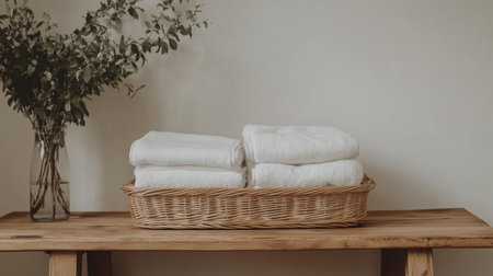 A serene display of soft white towels stacked neatly in a woven basket on a rustic wooden table, complemented by a vase of eucalyptus, perfect for a cozy bathroom setting.の素材