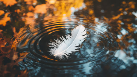 A captivating image of a delicate white feather gently floating on a water surface, surrounded by vibrant autumn leaves and graceful circular ripples.の素材