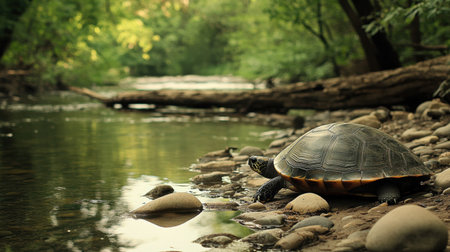 A picturesque scene featuring a turtle resting on a riverbank surrounded by lush greenery and smooth stones, embodying serenity in nature's embrace.の素材