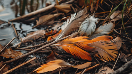 A captivating arrangement of colorful feathers rests on the ground, surrounded by brown leaves and soft water. The natural setting radiates tranquility.の素材