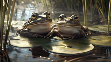 This serene image showcases two frogs resting on lily pads in a peaceful pond, surrounded by lush greenery and soft morning light, creating a tranquil atmosphere.の素材