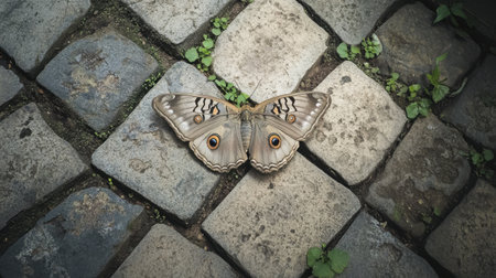 A stunning butterfly rests gracefully on cobblestones, displaying its intricate details and vibrant colors. This serene urban snapshot highlights the beauty of nature amidst human-made environments.の素材