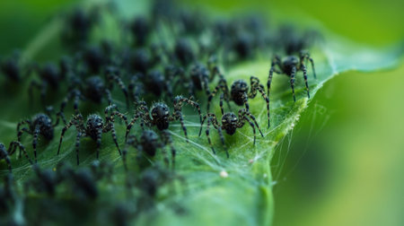 A captivating close-up photo featuring numerous tiny spiders on a vibrant green leaf, showcasing their intricate details and natural setting, perfect for nature enthusiasts.の素材