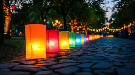 A charming view of brightly colored lanterns lighting a peaceful pathway in a park during dusk. The vibrant hues create a warm and inviting atmosphere perfect for evening strolls.の素材