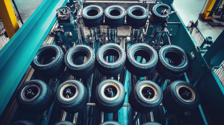 A vibrant view of an industrial warehouse showcasing rows of automobile tires organized on advanced machinery, reflecting the efficiency of tire manufacturing processes.の素材