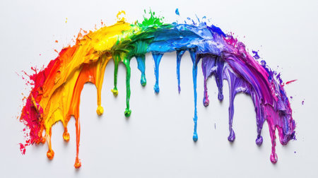 A vibrant display of colorful paint drips in a rainbow spectrum on a smooth white background, perfect for artistic and creative projects that inspire.の素材