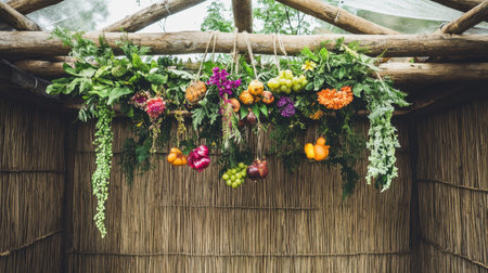 A vivid collection of fresh fruits and vegetables is beautifully arranged and hanging from a rustic structure, showcasing the abundance of nature.の素材