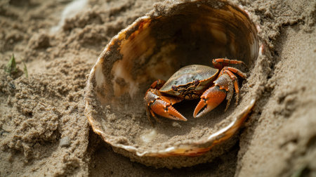 This image captures a crab comfortably nestled inside a shell on a sandy beach, surrounded by fine grains of sand, showcasing the beauty of marine wildlife.の素材