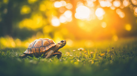 A solitary tortoise slowly crawls across vibrant green grass, illuminated by warm sunlight filtering through trees, capturing a serene moment in nature.の素材
