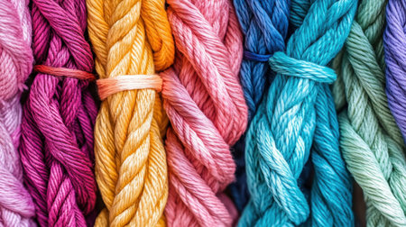 A beautiful collection of colorful twisted threads perfect for various crafting and sewing projects. Showcasing a vibrant array of shades, this image highlights the texture and beauty of these essential crafting materials. Ideal for creative inspiration.の素材