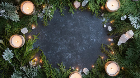 A beautifully arranged holiday setting featuring candles, diverse greenery, and crystals. This image captures a warm and festive atmosphere perfect for seasonal celebrations.の素材