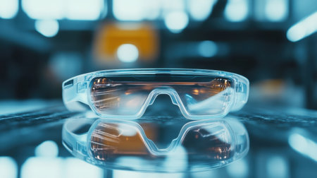 Close-up view of modern transparent glasses showcasing high-tech design and sleek lines. Ideal for showcasing innovation and advanced optics in professional environments.の素材