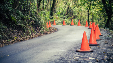 Orange traffic cones line a winding road in a lush forest, creating a vibrant contrast against the greenery and showcasing a tranquil outdoor scene.の素材
