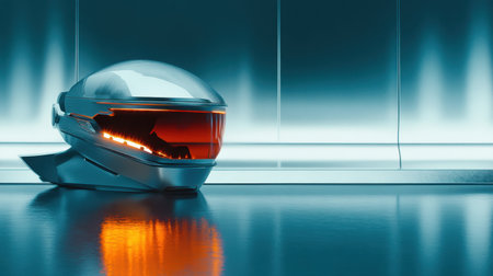 This image features a futuristic racing helmet with a reflective visor, set in a neon-lit environment, showcasing modern design and advanced technology.の素材