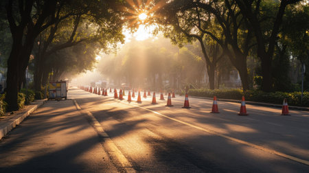 A tranquil urban scene featuring a quiet city street at dawn, illuminated by soft sunlight filtering through leafy trees. Traffic cones line the road, creating a peaceful yet structured environment perfect for photography.の素材