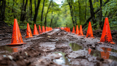 A row of bright orange traffic cones lines a muddy trail in a lush forest, highlighting safety amid wet conditions and natural surroundings.の素材