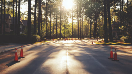 A picturesque scene showcasing a serene residential street bathed in warm sunlight, lined with traffic cones amidst towering trees, creating a peaceful atmosphere.の素材