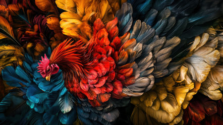 This stunning image captures a vibrant rooster amidst an explosion of colorful feathers. Its intricate plumage showcases rich textures and bold colors, enhancing any creative project.の素材