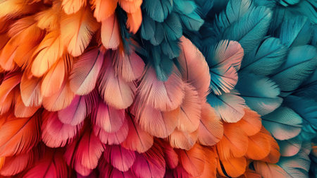 This image features a stunning array of vibrant feathers showcasing a blend of colors including blue, orange, pink, and red, creating a rich and artistic background.の素材