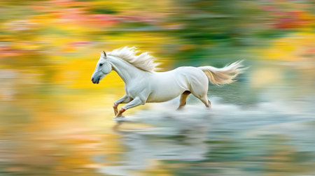 A stunning white horse gallops through a vibrant autumn landscape, creating dynamic splashes in calm water, capturing the essence of freedom and beauty.の素材