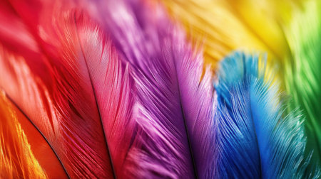 This image showcases a stunning close-up of colorful feathers, blending vibrant hues of red, orange, yellow, green, blue, indigo, and violet. Perfect for artistic projects.の素材