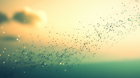 This image showcases an abstract representation of a digital network, featuring interconnected lines and dots that evoke a sense of technology against a serene sunset background.の素材