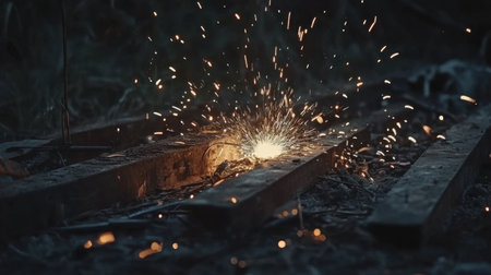 A close-up view of bright sparks erupting from hot metal in a workshop setting, showcasing the artistry and energy of metalworking and craftsmanship.の素材