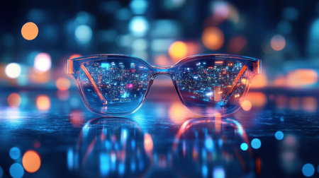 A pair of stylish sunglasses reflects vibrant city lights at night, creating an artistic display of urban life. The colorful bokeh enhances the modern vibe.の素材